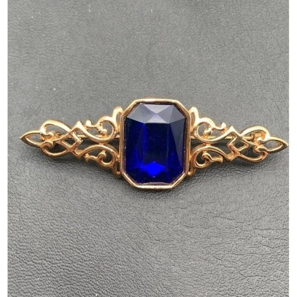Vintage Park Lane Open Work Gold Tone Faceted Blue Faux Stone Brooch